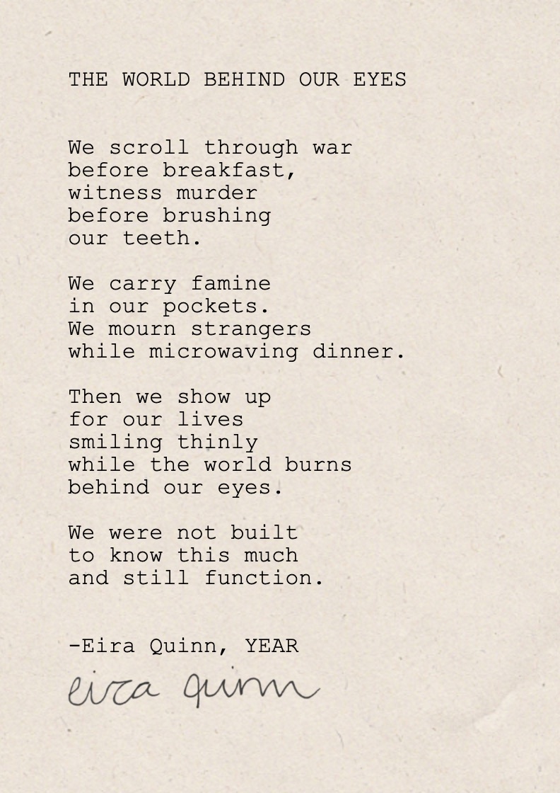 Mockup of "The World Behind Our Eyes" hand-typed on A6 handmade paper